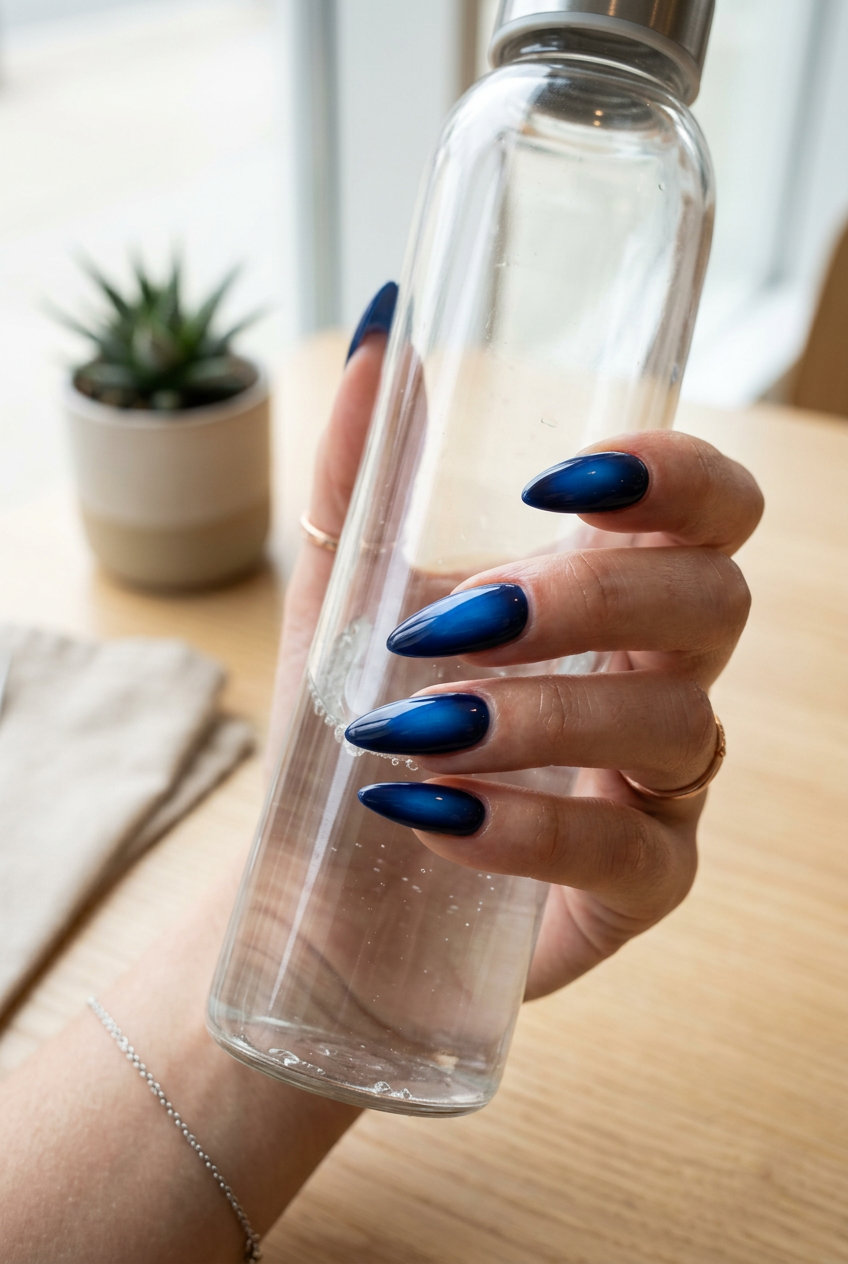 Cosmic aura stiletto nails in electric blue for festivals, concerts, or summer parties. Stiletto summer nails 2026.