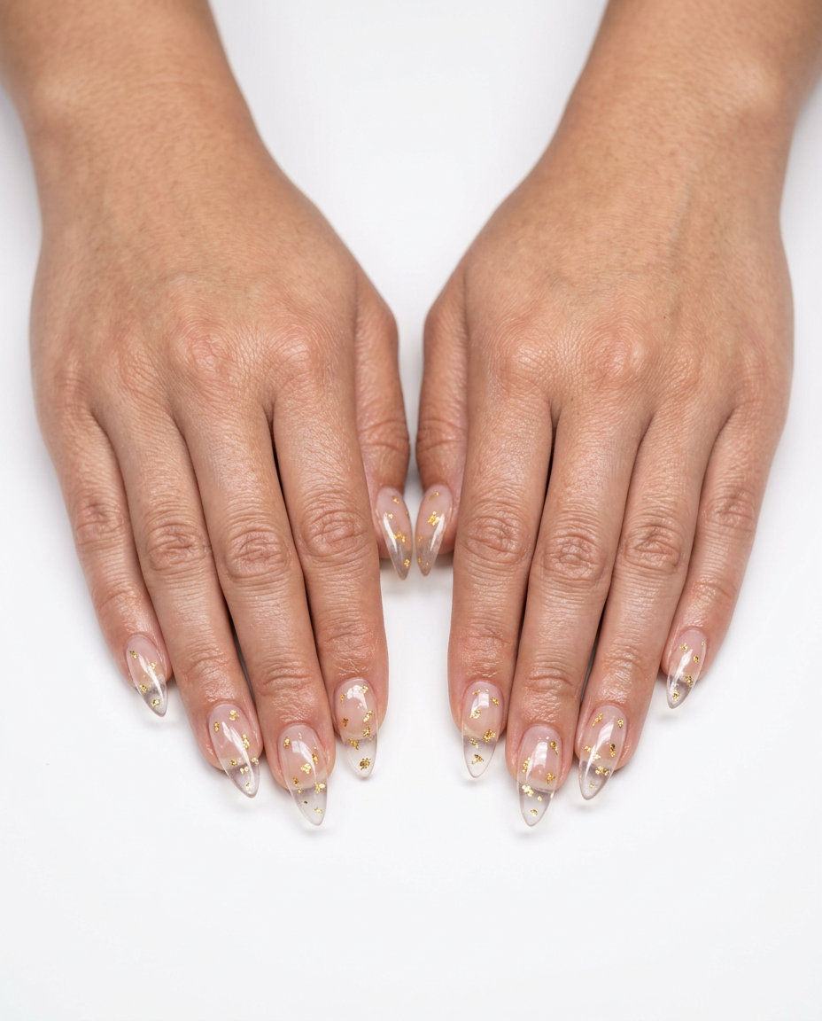 Crystal glass stiletto nails with gold flecks for formal events or minimalist chic. Stiletto summer nails 2026.