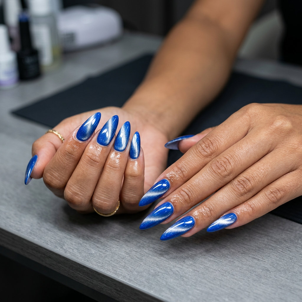 Futuristic electric blue cat-eye stiletto nails for date night, festivals, and nights out.
