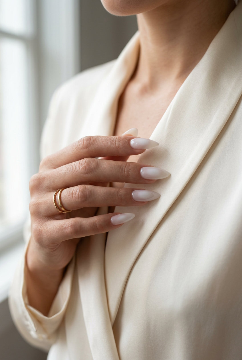 Ethereal white aura stiletto nails for wedding guests, bridal showers, and everyday elegance.