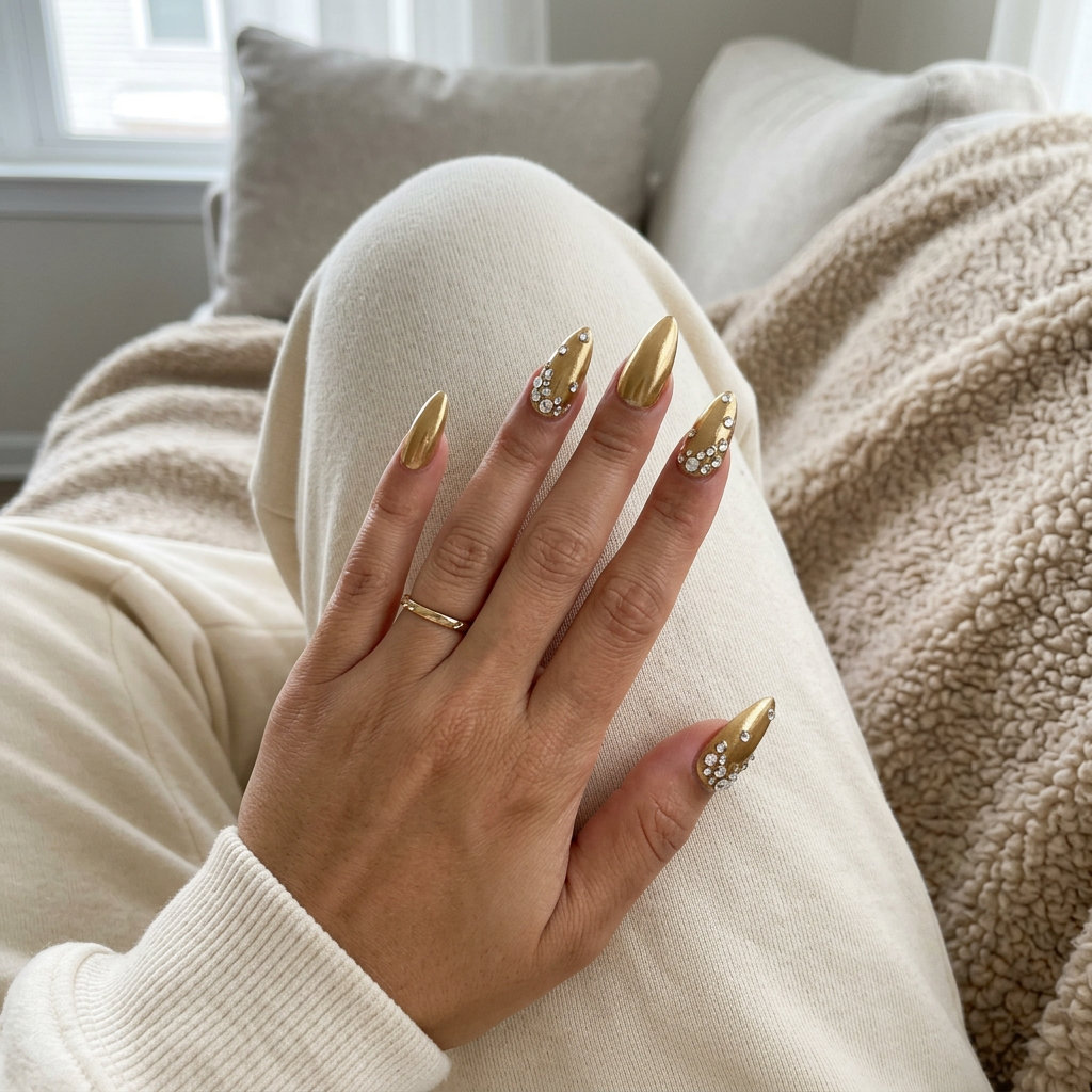 Metallic gold stiletto nails with rhinestone sparkle for stiletto summer nails 2026. Glamorous party look.