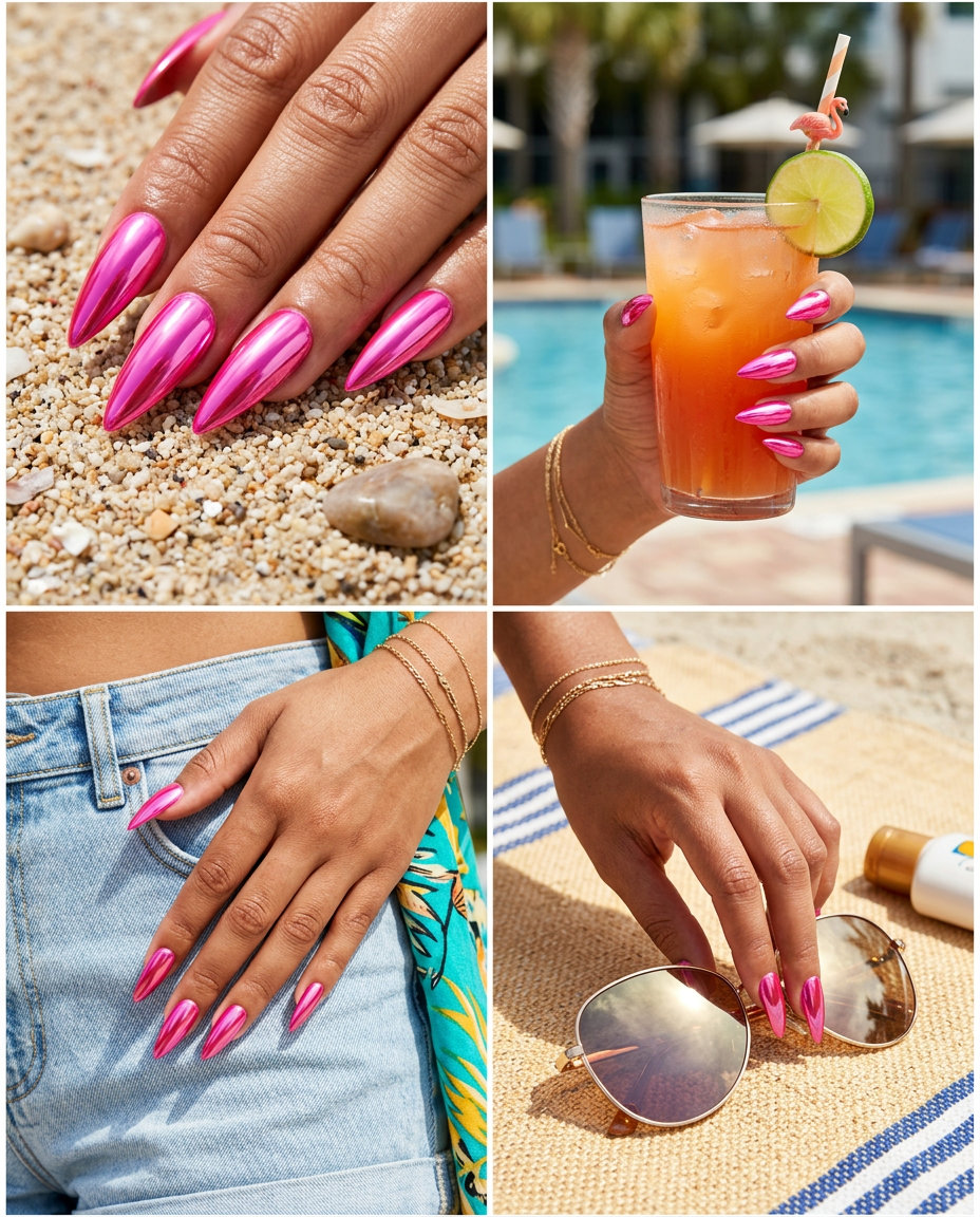 Hot pink chrome stiletto nails for festivals, summer parties, or nights out. Stiletto summer nails 2026.