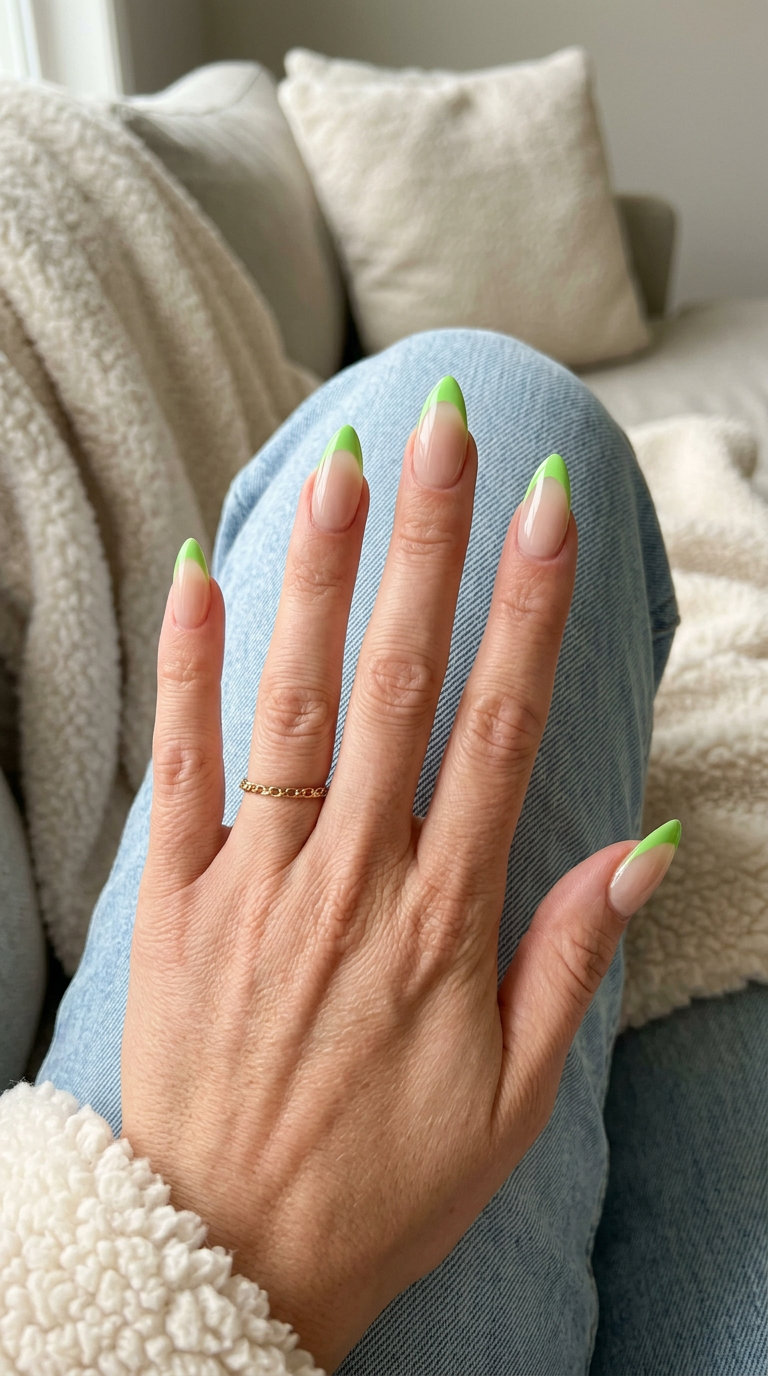 Chic lime green French tip stiletto nails for festivals, casual outings, and summer days.