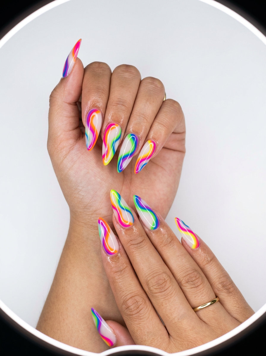 Whimsical rainbow swirl stiletto nails for festivals, parties, and summer vacations.