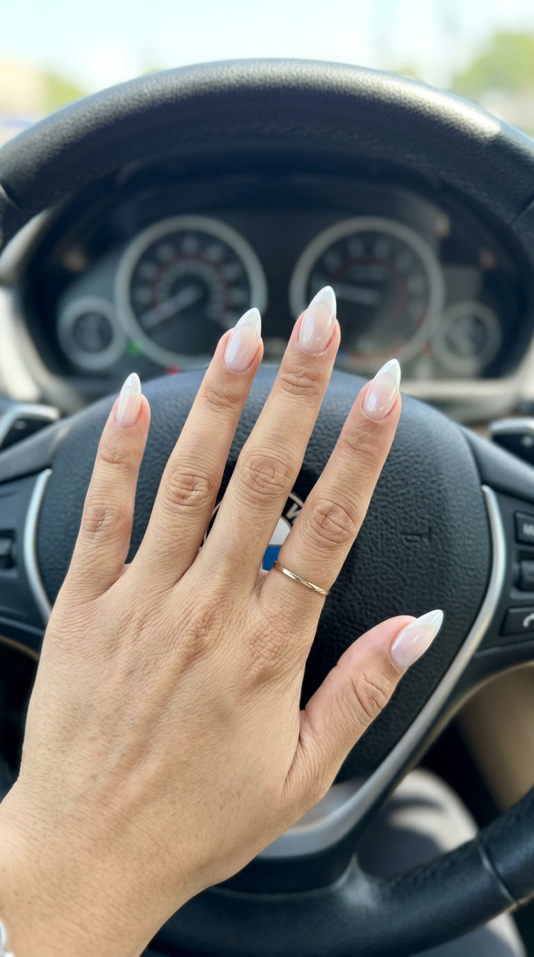 Sophisticated white pearl micro French stiletto nails for formal events and daily wear.