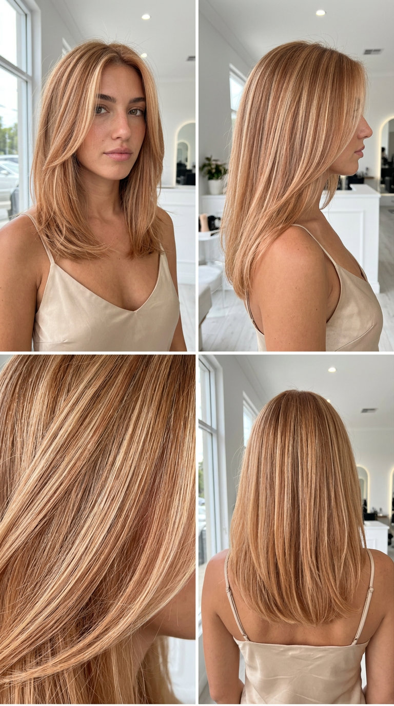long layered strawberry blonde balayage with air touch technique