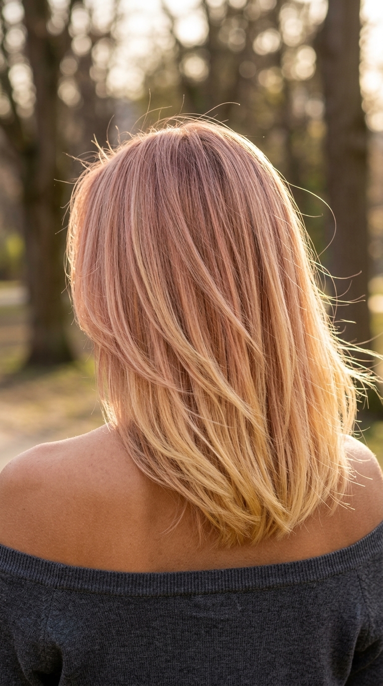 long strawberry blonde color melt with rosy blonde to golden blonde, babylights/root smudge, no fringe — sweet weekend brunch