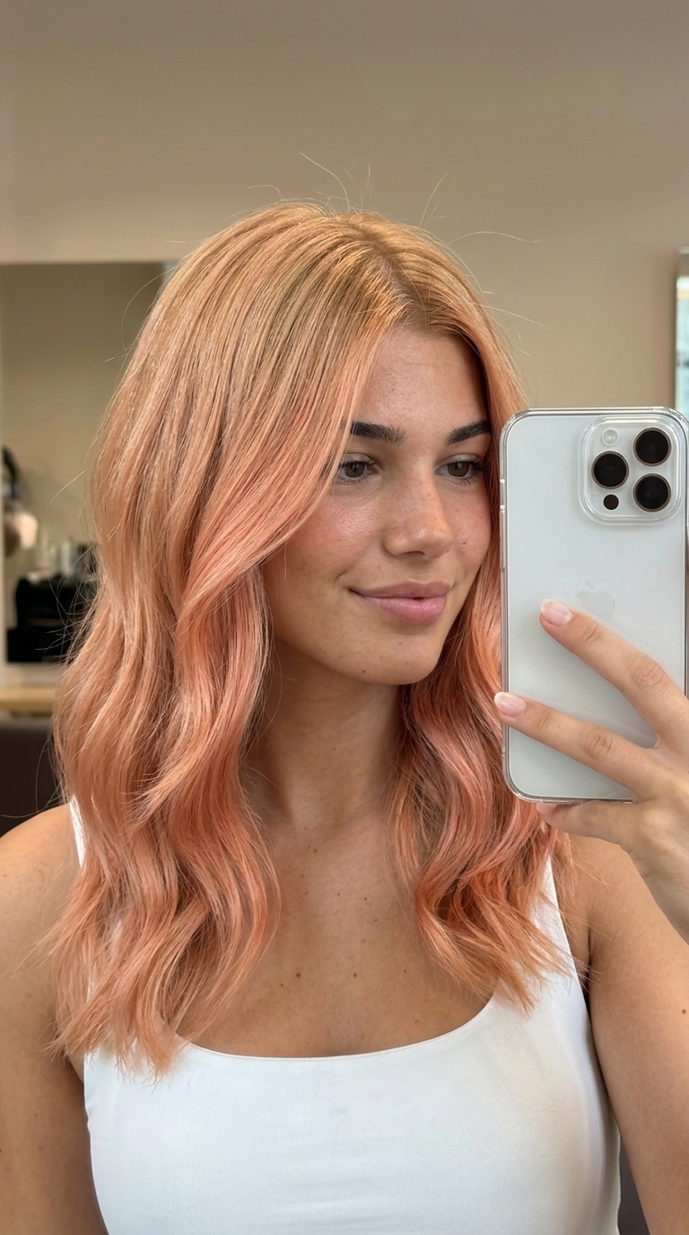 long strawberry blonde ombre with rosy gold, warm peach, playful mood