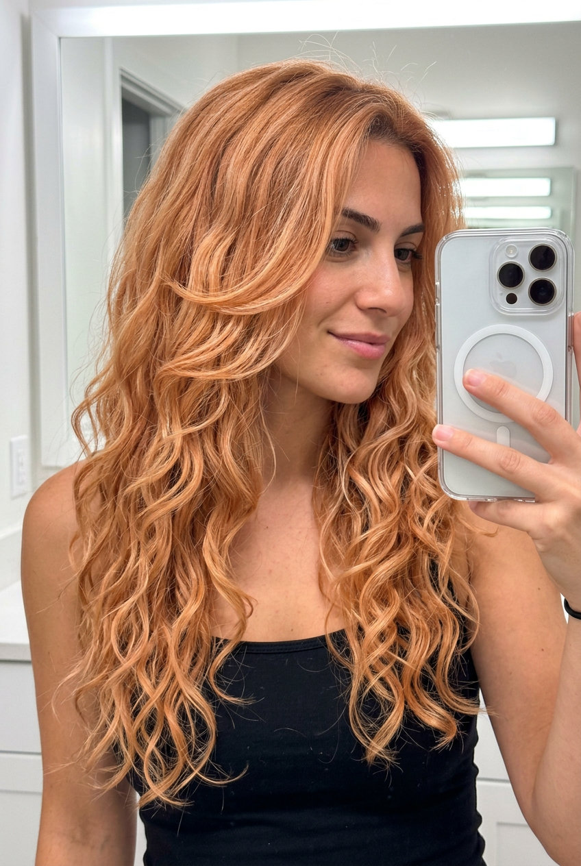 long wavy haircuts with strawberry blonde, peach babylights — Playful, vibrant, energetic