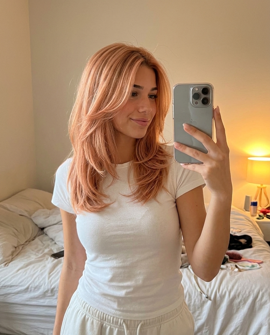 medium-length butterfly haircut with strawberry blonde, peachy pink undertones and feathered layers for weekend getaway