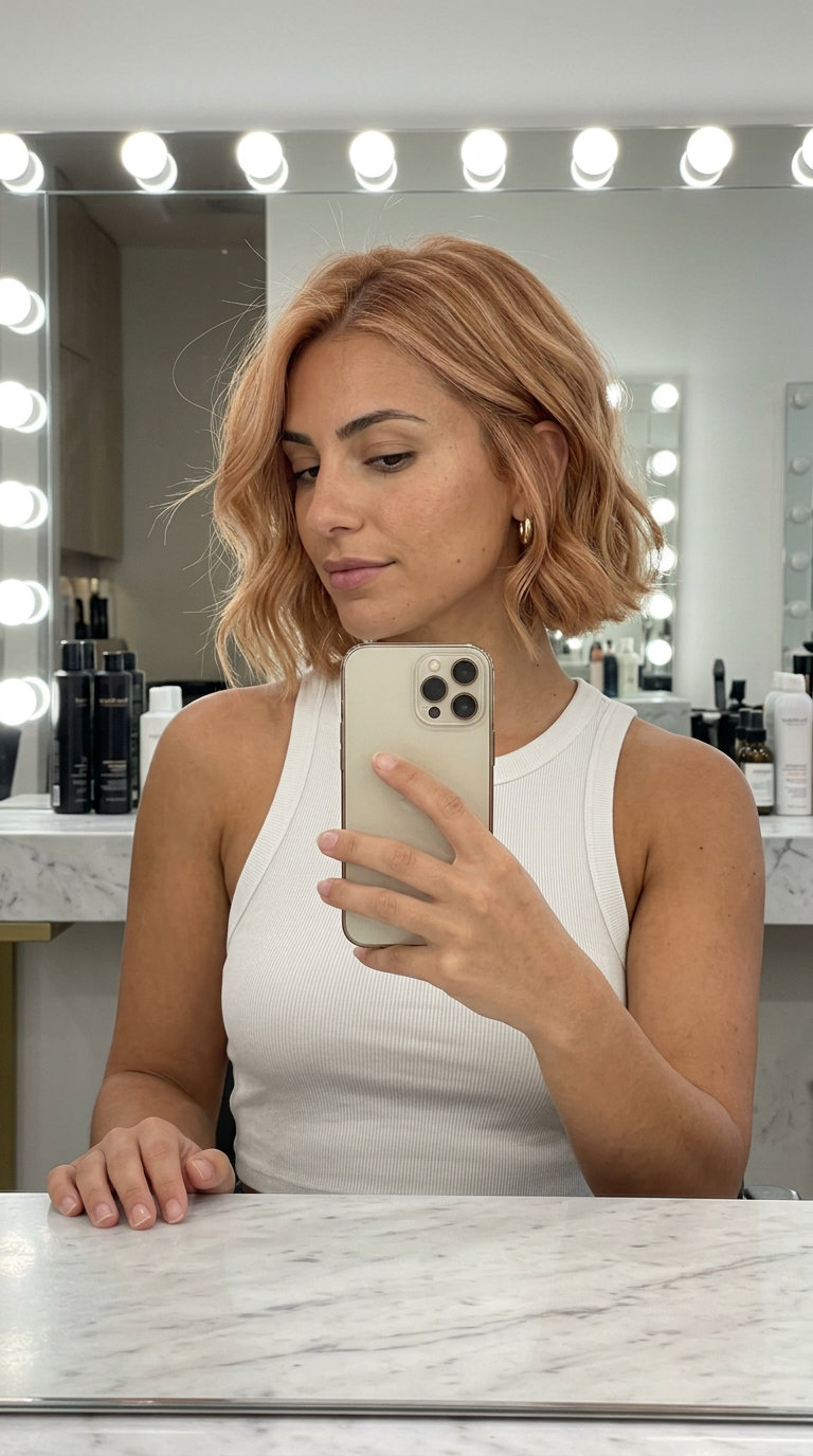 short french bob haircut in soft strawberry blonde with copper-gold babylights, face-framing layers — romantic feminine summer style