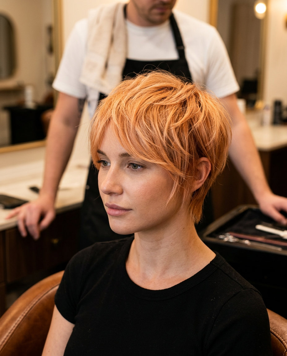 short textured pixie haircut in vibrant strawberry blonde with razored layers and wispy fringe for concerts