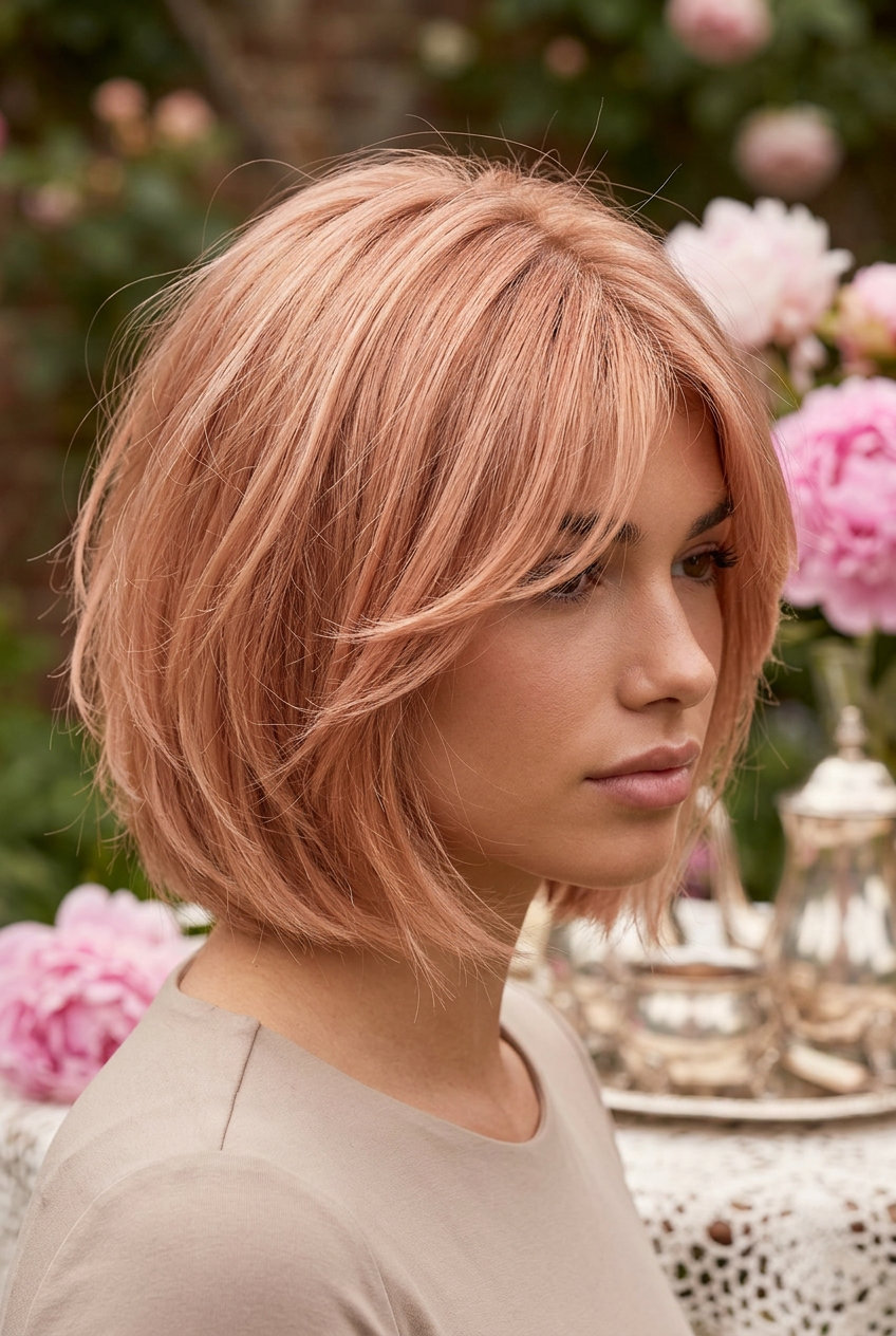 shoulder-length strawberry blonde bob with curtain bangs and face-framing highlights