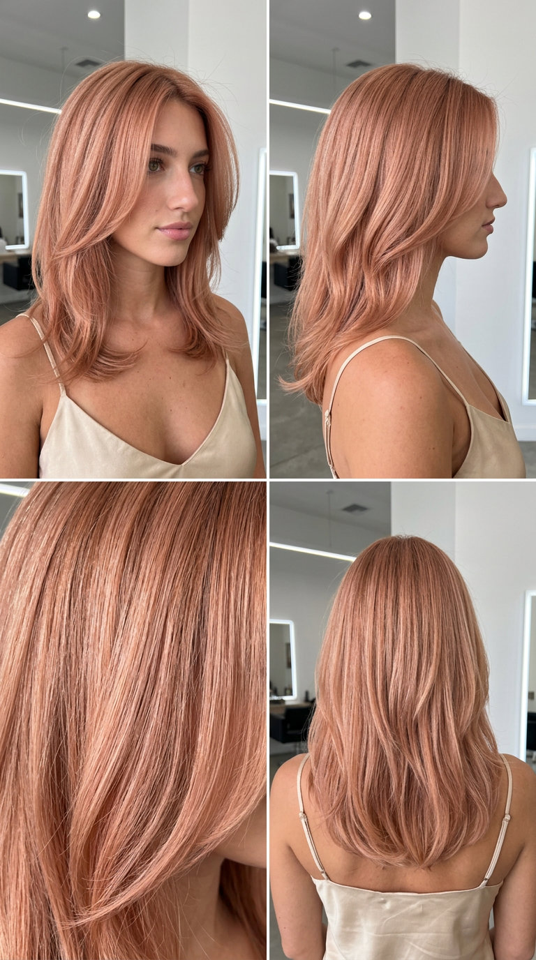 long layered hair with strawberry blonde, rosy peach undertones, playful mood for summer