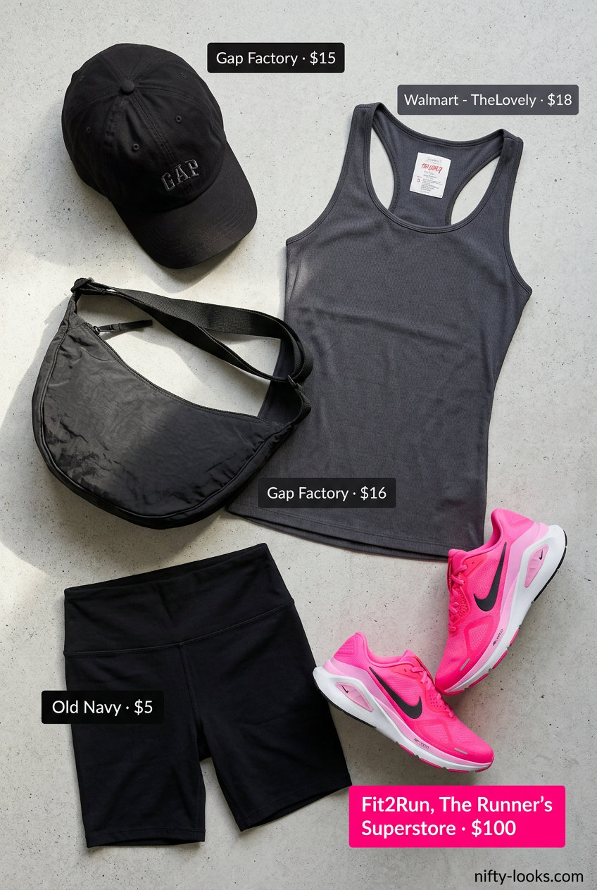 Summer Cami Top Outfits for Women 2026: Charcoal tank, black bike shorts, neon running sneakers for athleisure.