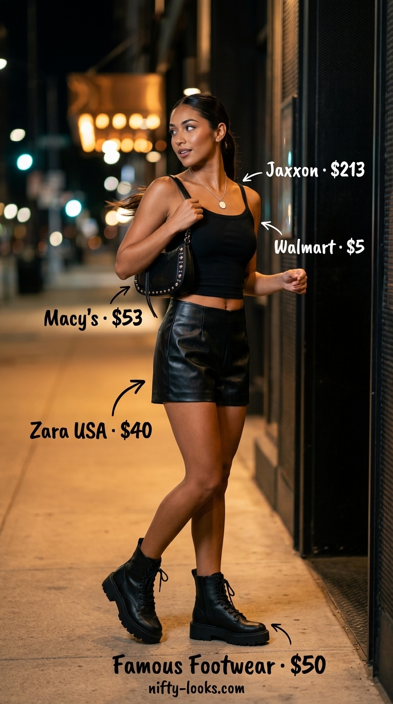 Summer Cami Top Outfits for Women 2026: Black cami with faux leather shorts and combat boots for night out.