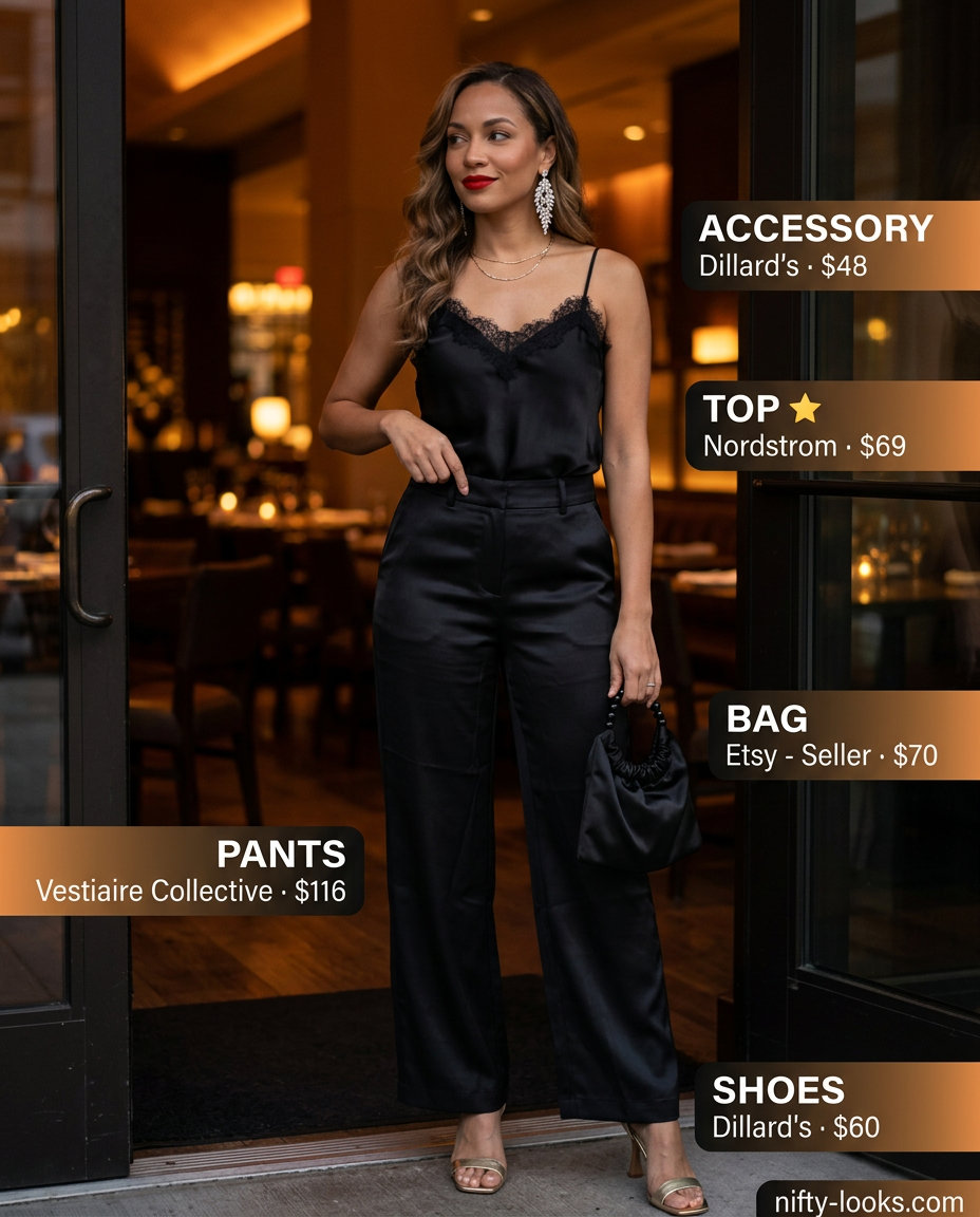 Summer Cami Top Outfits for Women 2026: Black silk cami with champagne gold sandals for date night.