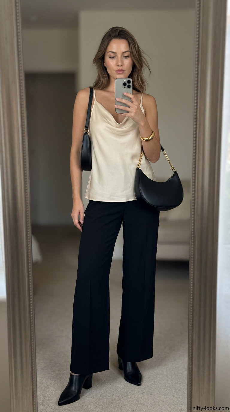 Summer Cami Top Outfits for Women 2026: Cream camisole with black wide-leg trousers for minimalist chic.