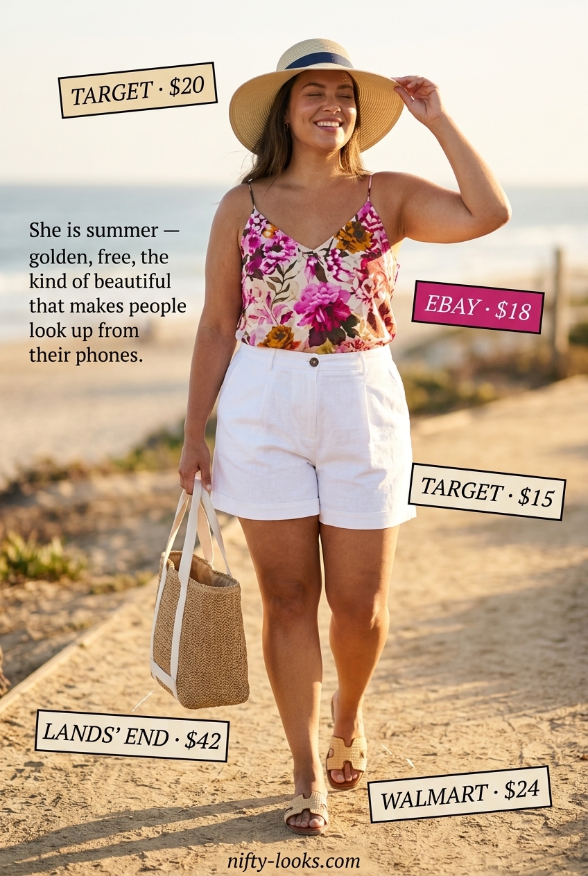 Summer Cami Top Outfits for Women 2026: Tropical floral cami with linen shorts for vacation.