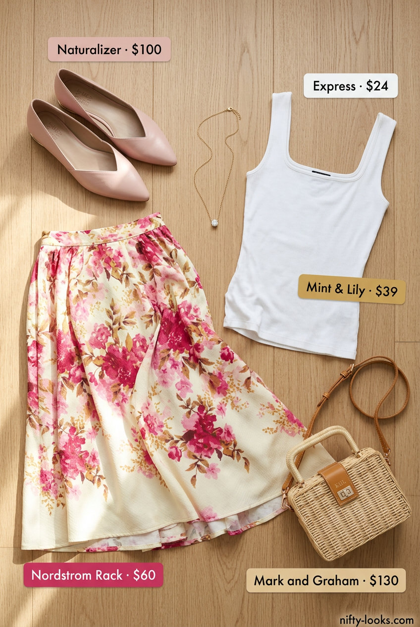 Pastel pink floral skirt outfit with white cami top: garden party, brunch. Summer Cami Top Outfits for Women 2026.