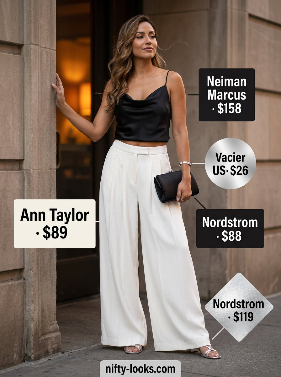 Summer Cami Top Outfits for Women 2026: Ivory cowl neck cami with black wide-leg trousers for evening.