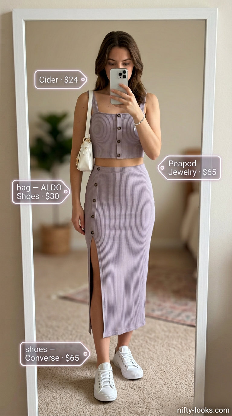Summer Cami Top Outfits for Women 2026: Lavender knit crop top and skirt set, white sneakers for brunch.