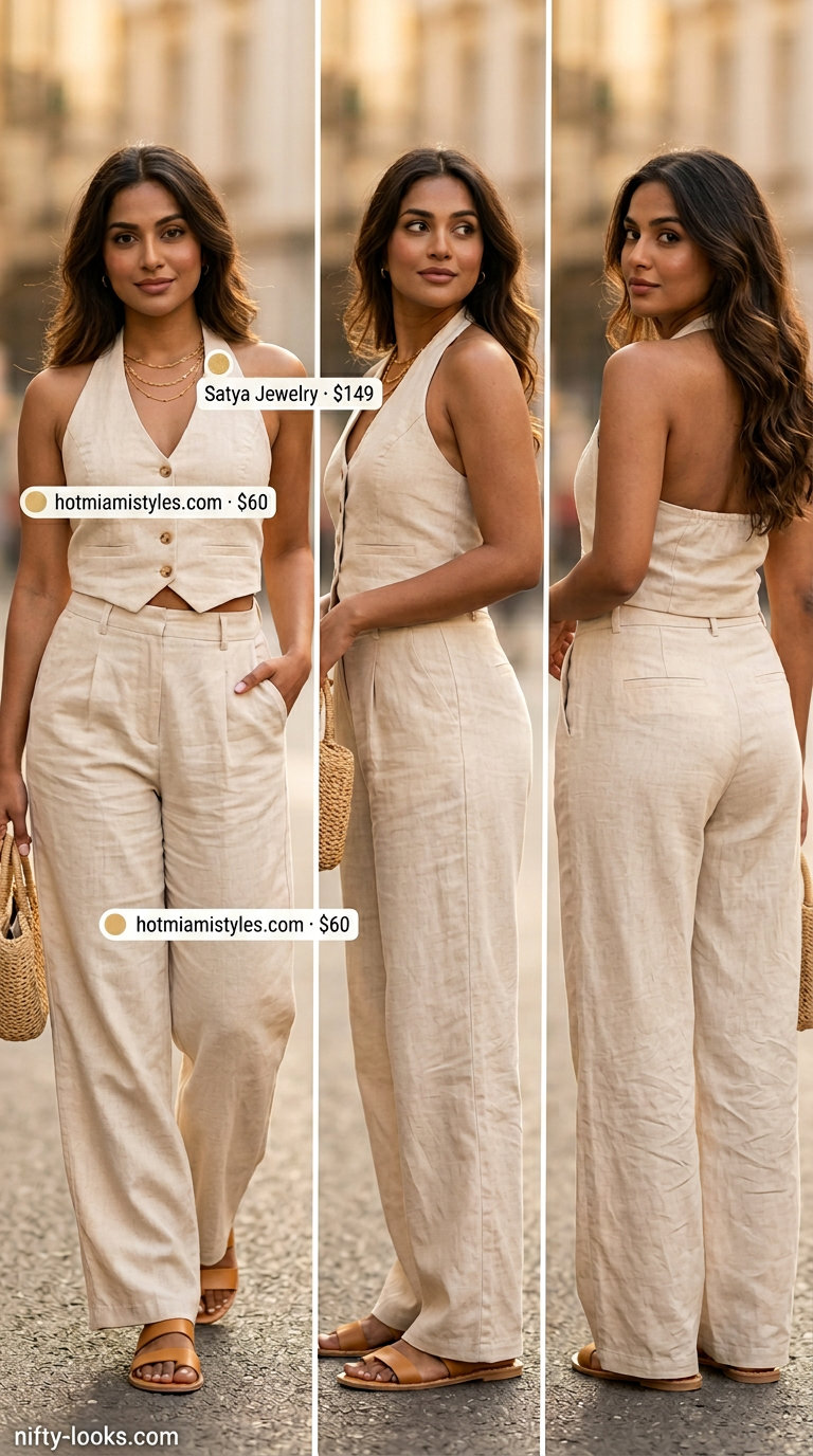 Cream linen cami top and pants set for women: relaxed, chic beach vacation style. Summer Cami Top Outfits for Women 2026.