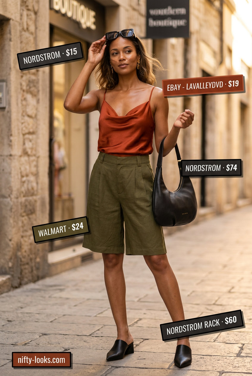 Summer Cami Top Outfits for Women 2026: Rust satin camisole, olive Bermuda shorts, black mules for city exploration.