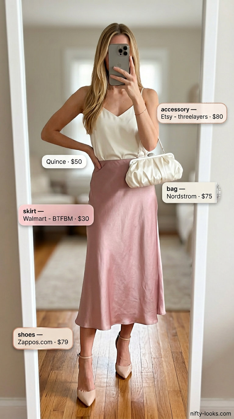Blush pink silk skirt outfit for women: elegant wedding guest, cocktail party. Summer Cami Top Outfits for Women 2026.