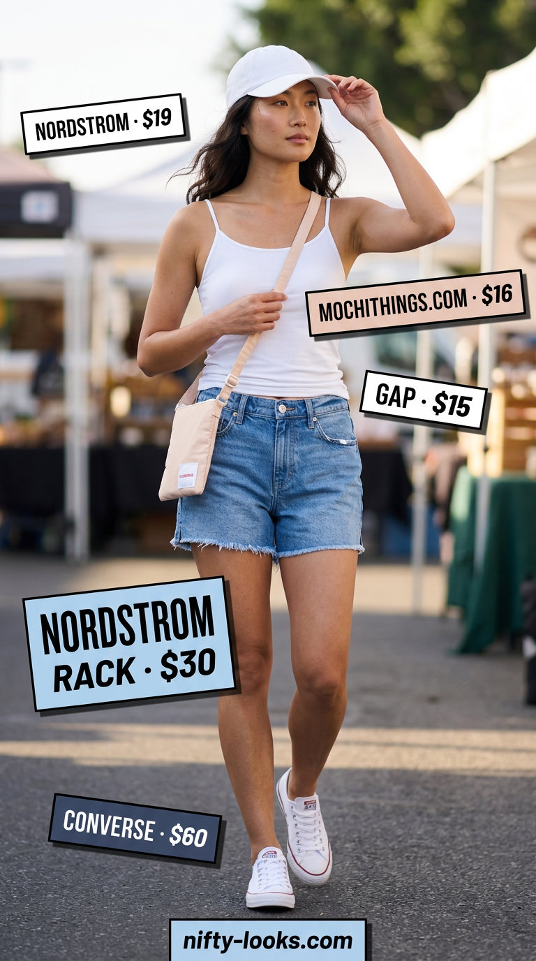 Summer Cami Top Outfits for Women 2026: White cami with light blue denim shorts for weekend casual.