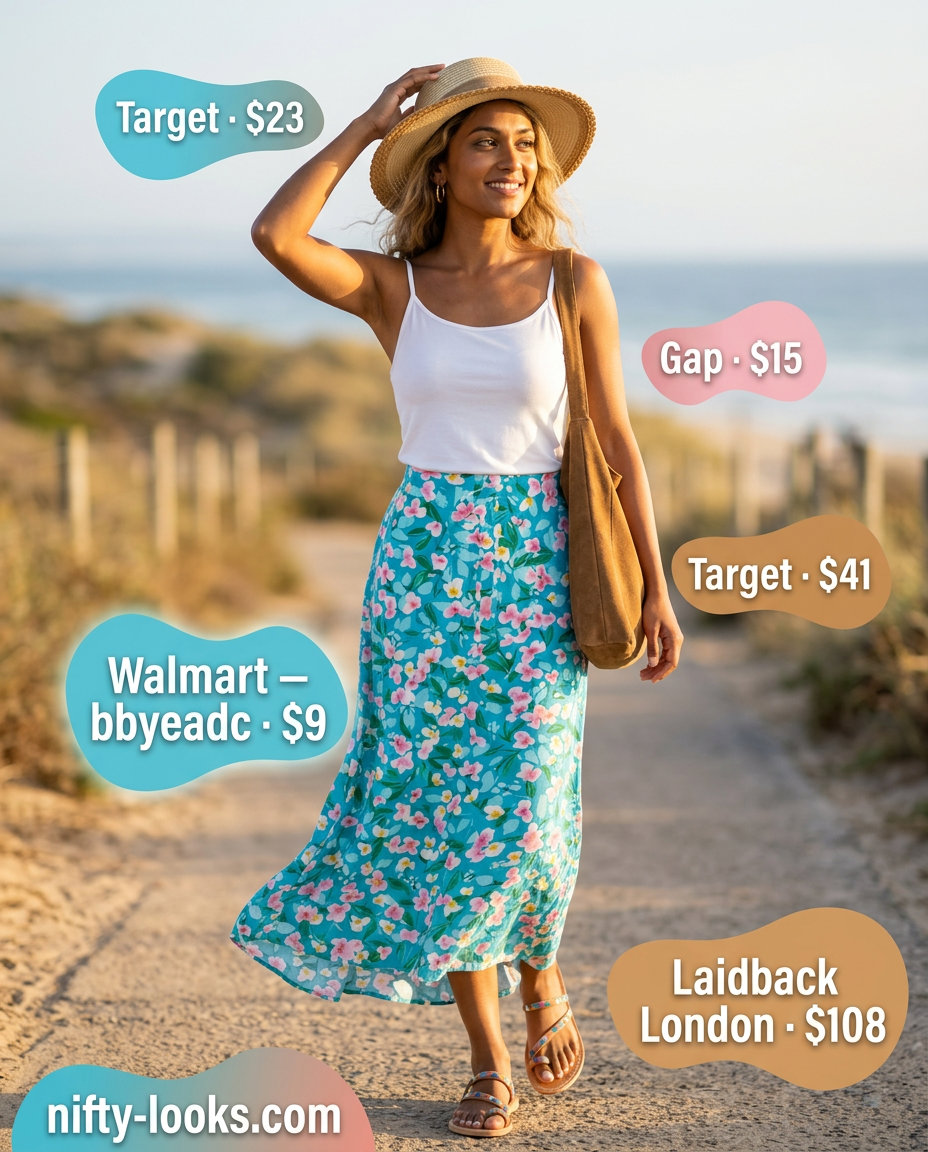 Summer Cami Top Outfits for Women 2026: White cami with floral maxi skirt for boho beach day.