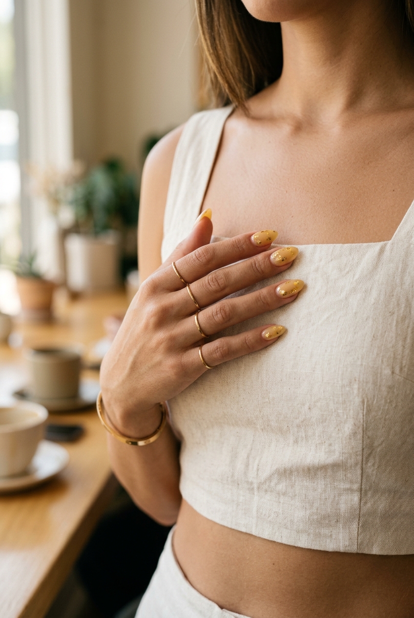 Summer classy nails 2026: Golden butter yellow foil flakes for bohemian vacation style.