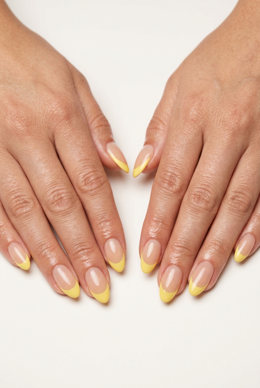 Sunny butter yellow French tip almond nails for a playful summer party. Summer classy nails 2026.