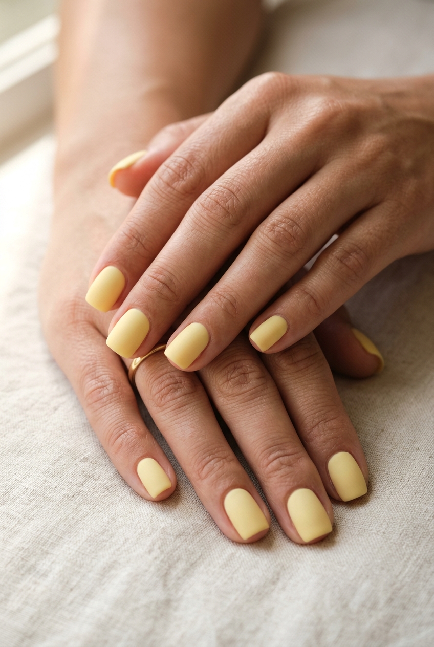 Summer classy nails 2026: Butter yellow matte square nails for playful chic outings.