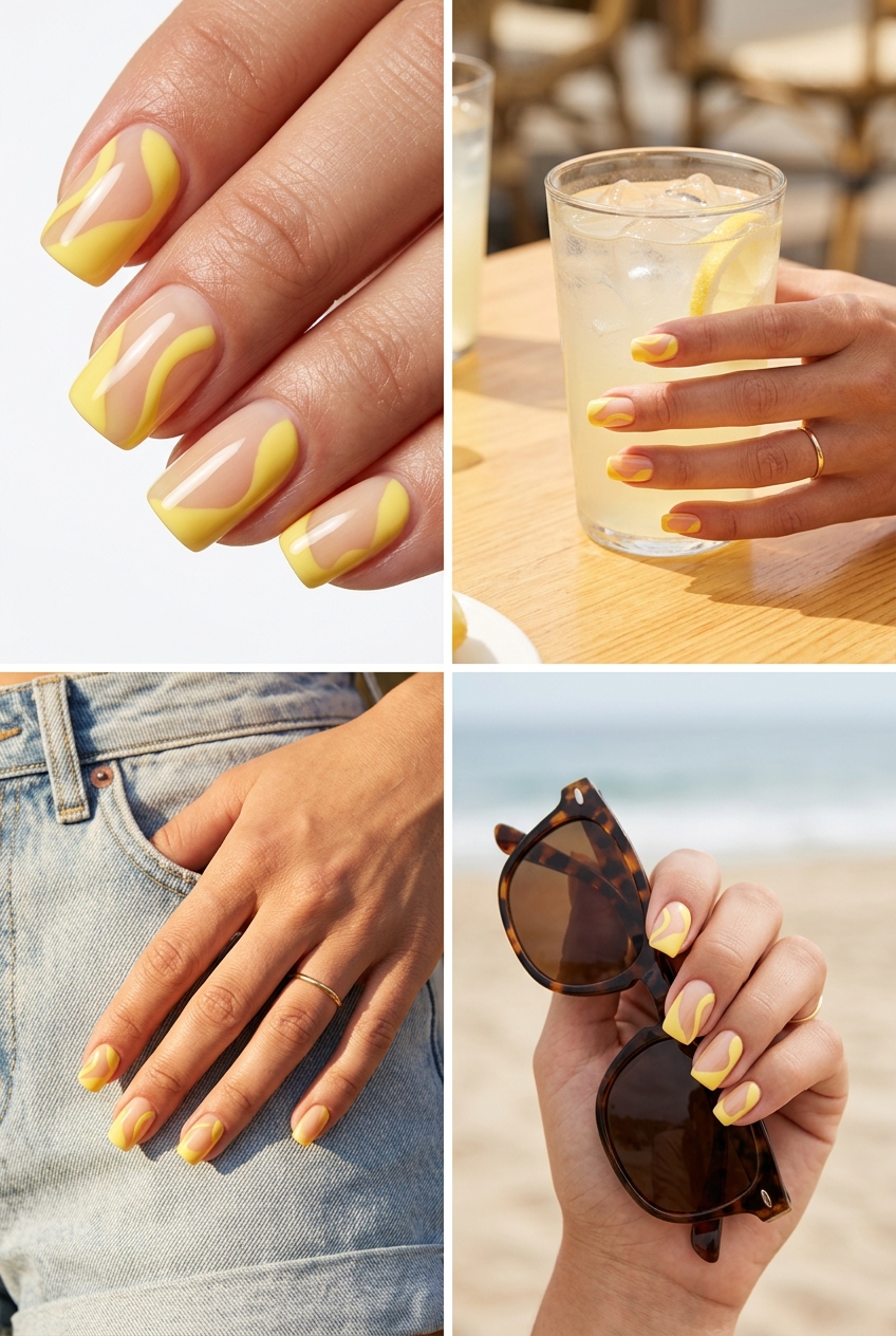 Summer classy nails 2026: Butter yellow negative space lines for minimalist chic.