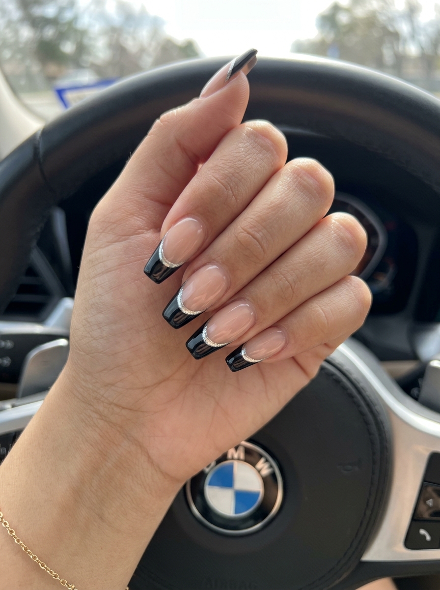 Chrome accent reverse French nails for summer classy nails 2026, edgy party night out look.