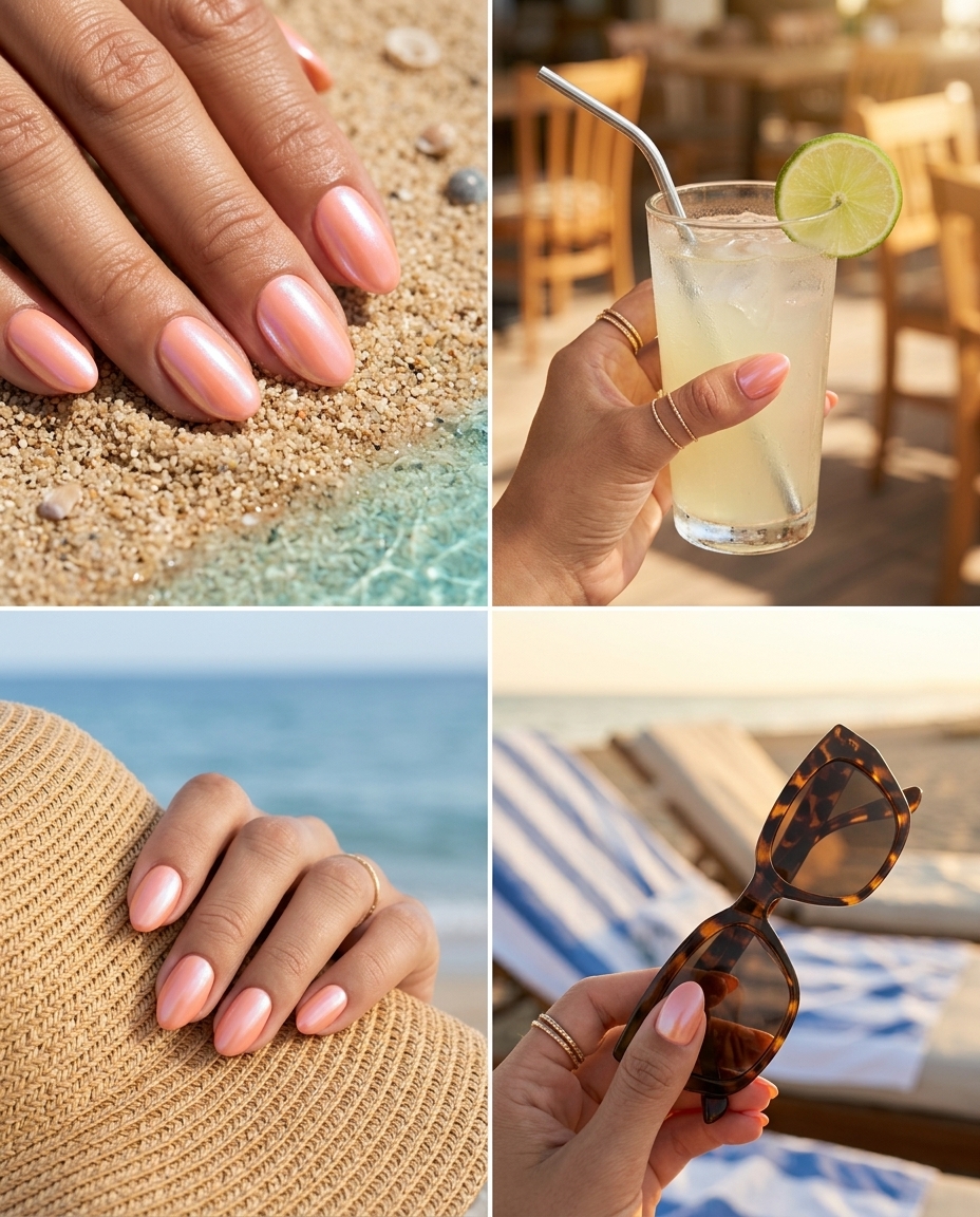 Coral glazed donut oval nails for summer classy nails 2026, fresh casual beach day style.