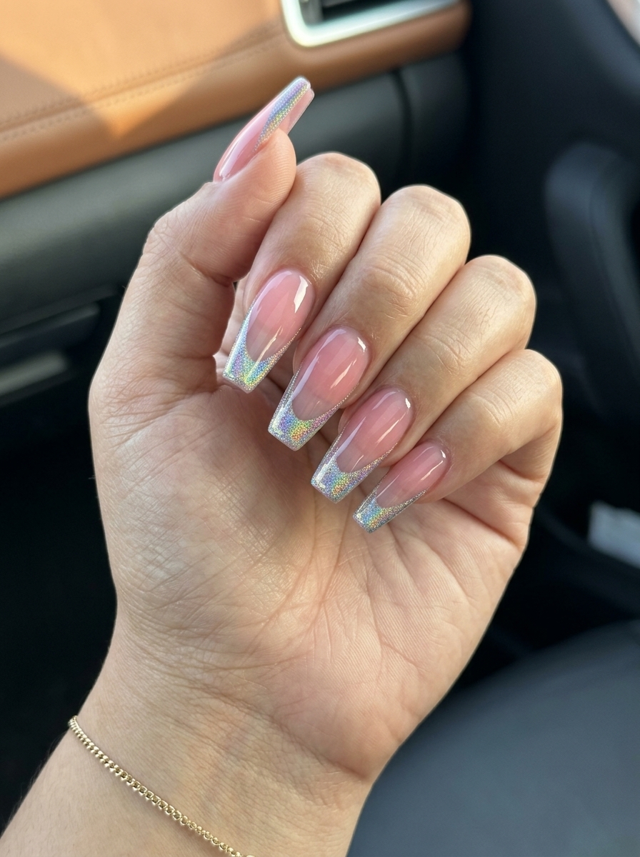 Summer classy nails 2026: Holographic pink French tips for glamorous party looks.