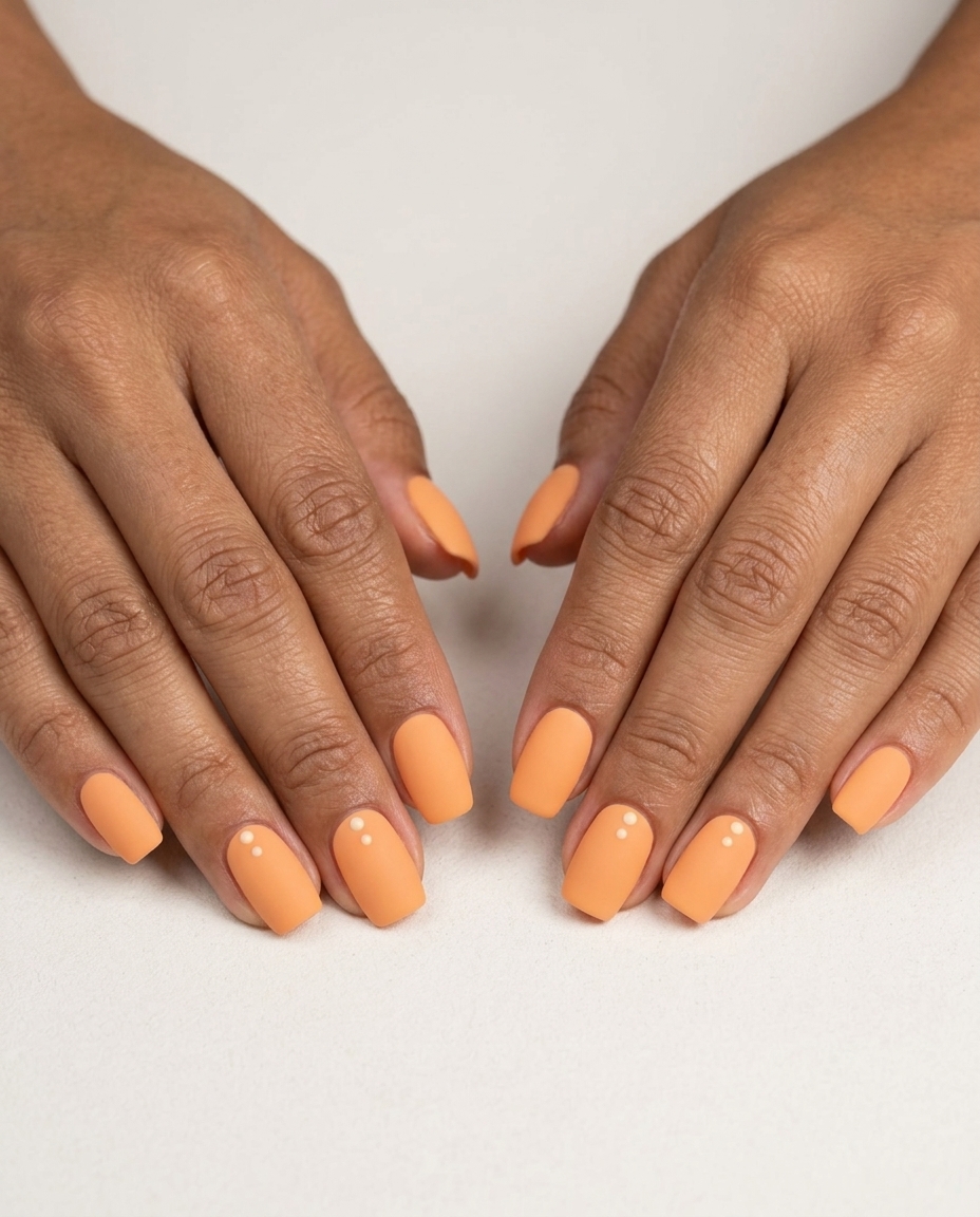 Matte coral dot accent nails for summer classy nails 2026, playful casual weekend outing style.