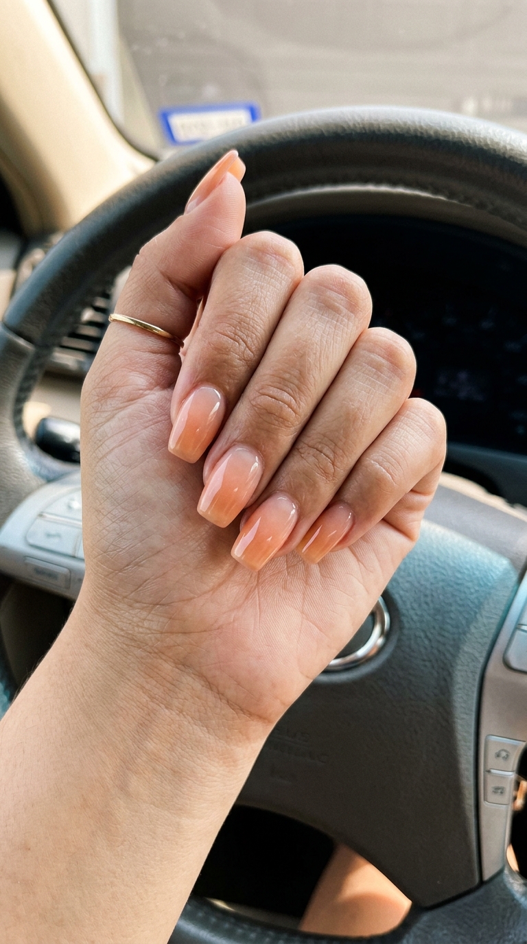Sheer peach ombre squoval nails for clean, polished daily wear. Summer classy nails 2026.