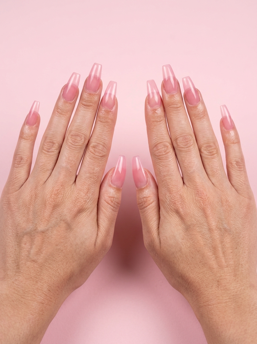Sheer pink glass coffin nails for a sultry date night look. Summer classy nails 2026.