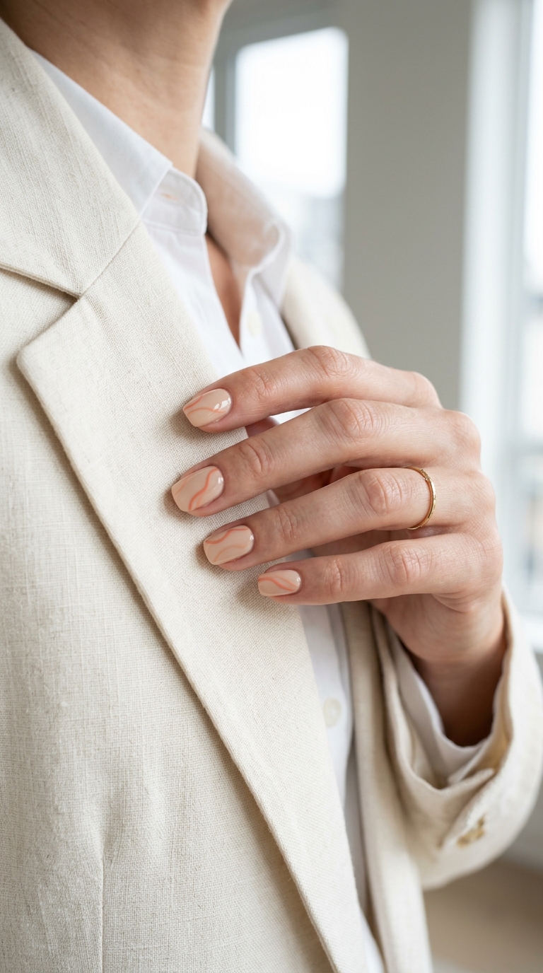 Soft coral abstract lines on nude nails for everyday chic. Summer classy nails 2026.