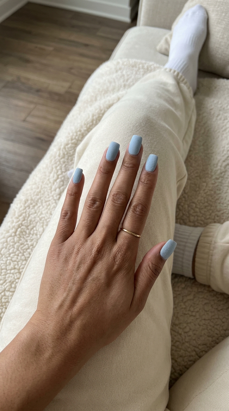 Summer classy nails 2026: Textured sky blue square nails for modern business casual.