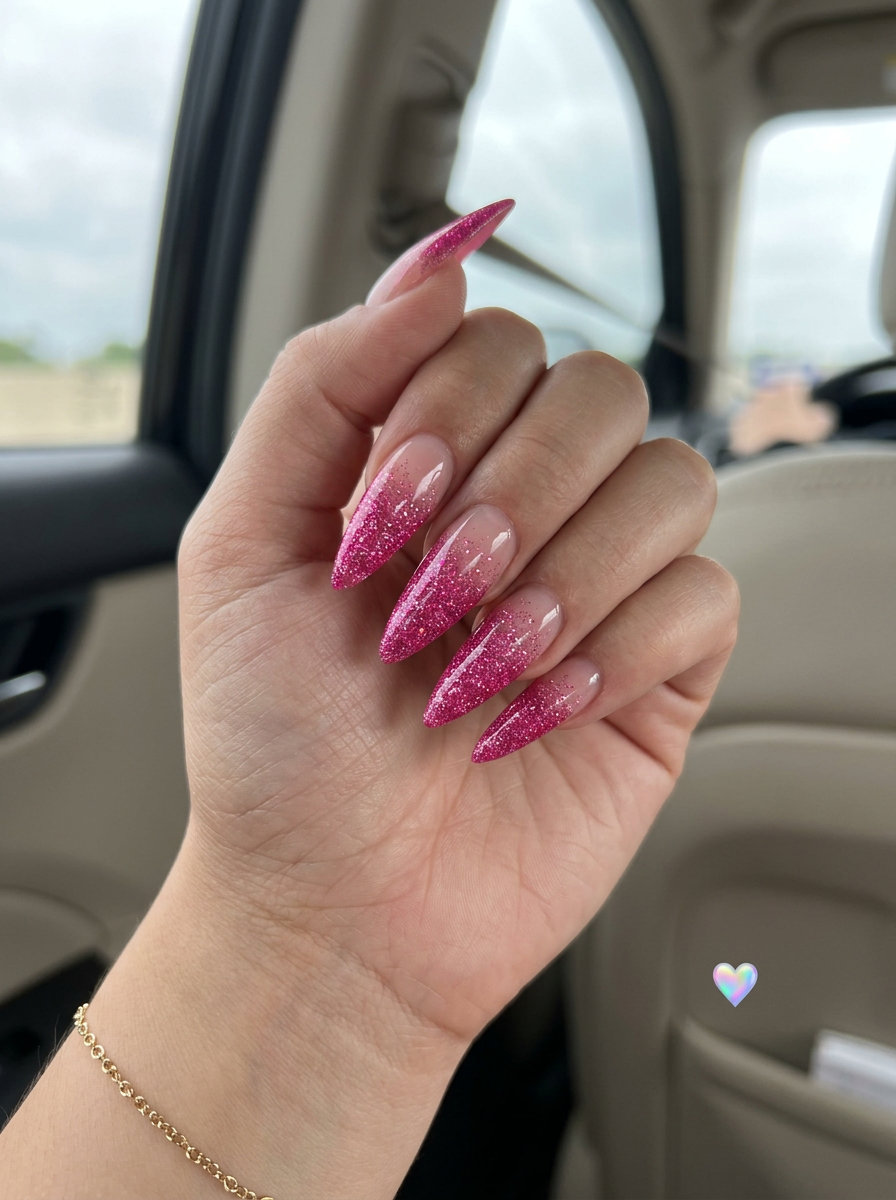 Disco Pink Glitter Gradient nails for summer colorful nails designs 2026. Glamorous hot pink glitter on rounded nails for festivals.