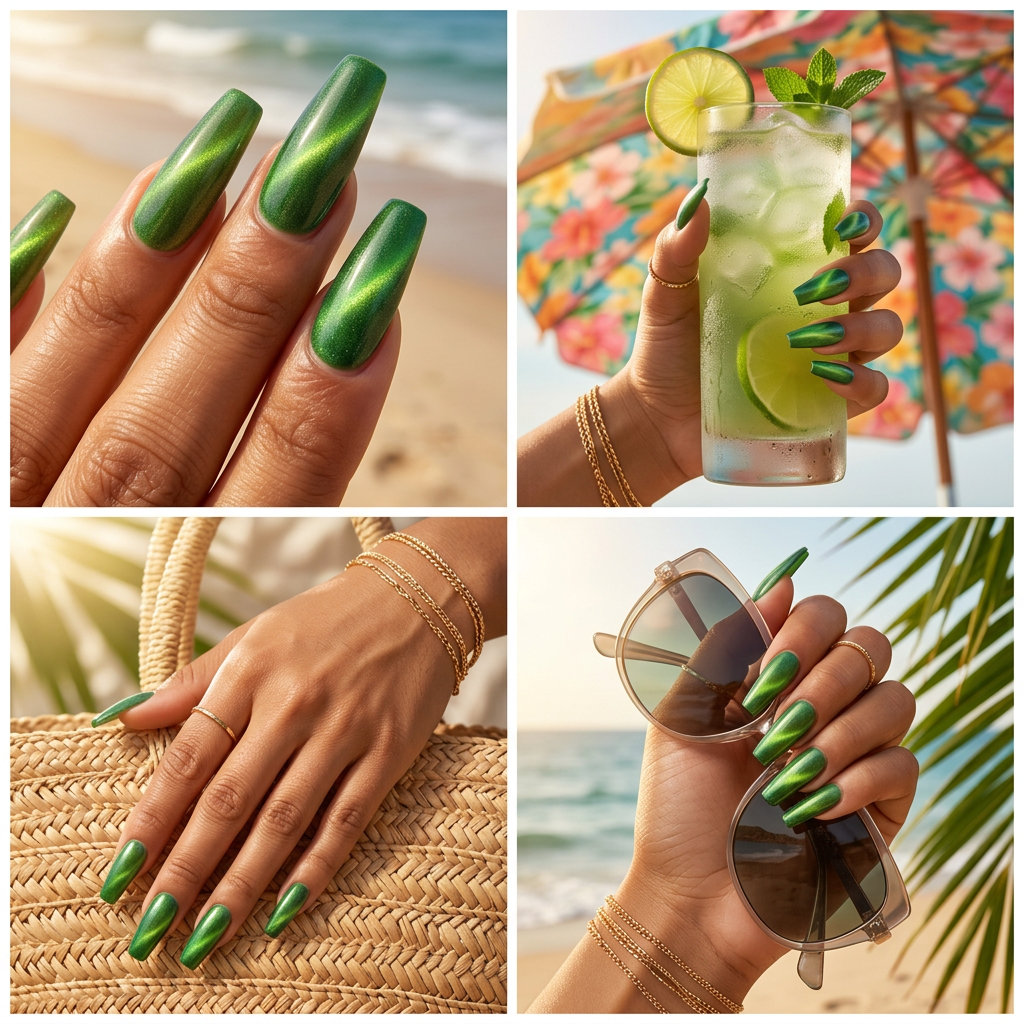 Emerald Cat-Eye Flash nails with summer colorful nails designs 2026. Vivid lime green magnetic shift on medium almond nails for a night out.