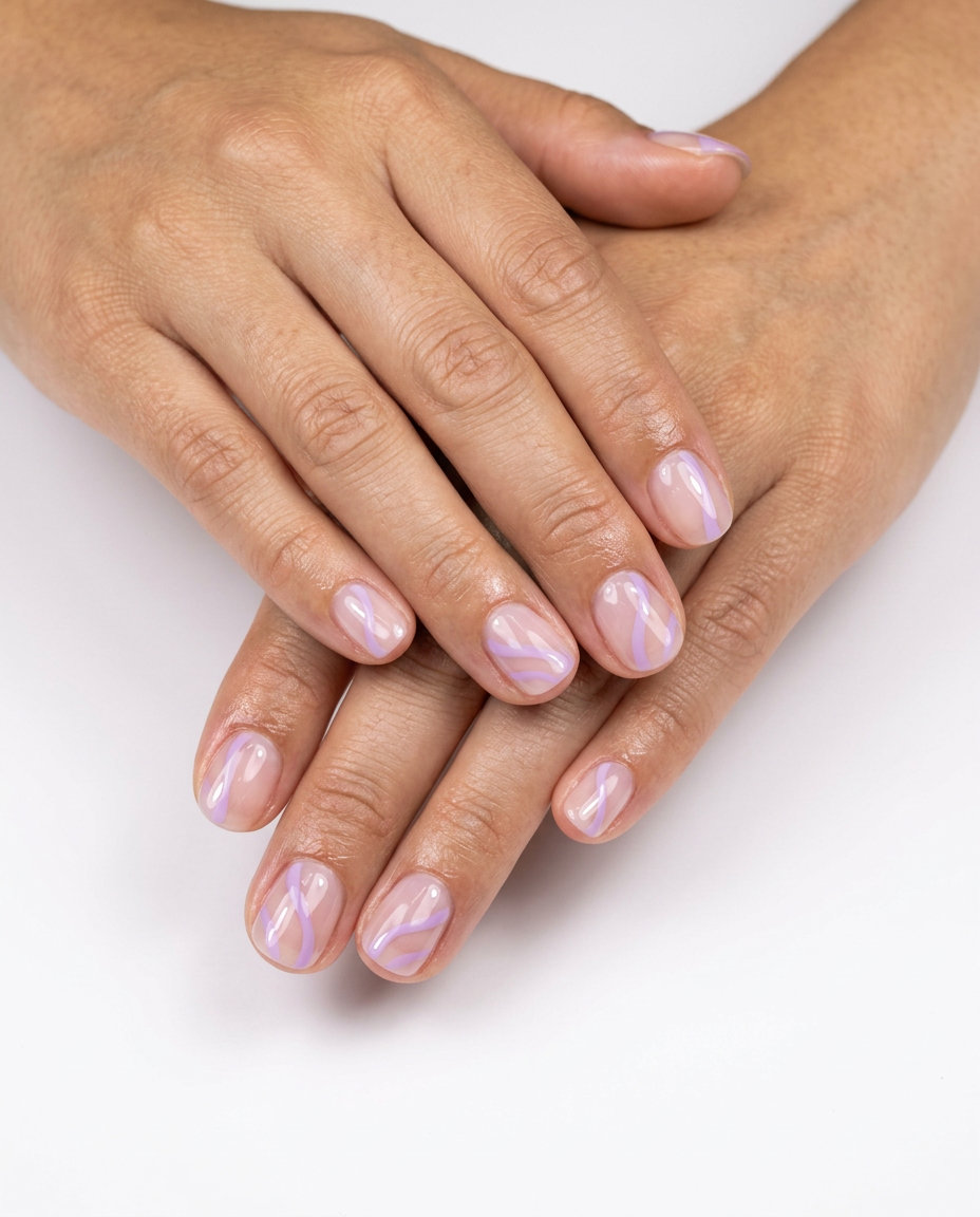 Minimalist lavender line art nails for daily wear or work, with sheer clear base and pastel lavender abstract details. Summer colorful nails designs 2026.