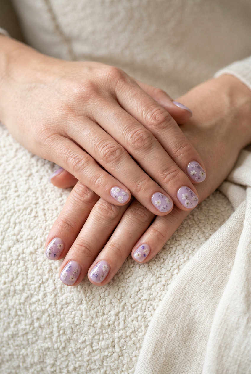 Lavender milk bath floral nails, romantic and dreamy for weddings or daily wear. Summer colorful nails designs 2026.
