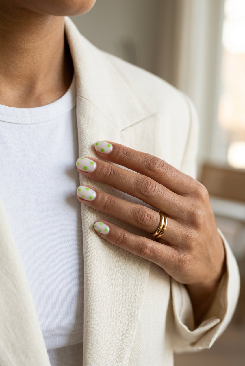 Quirky lime dotty delight nails for casual wear or summer brunch, with milky white base and scattered lime green dots. Summer colorful nails designs 2026.