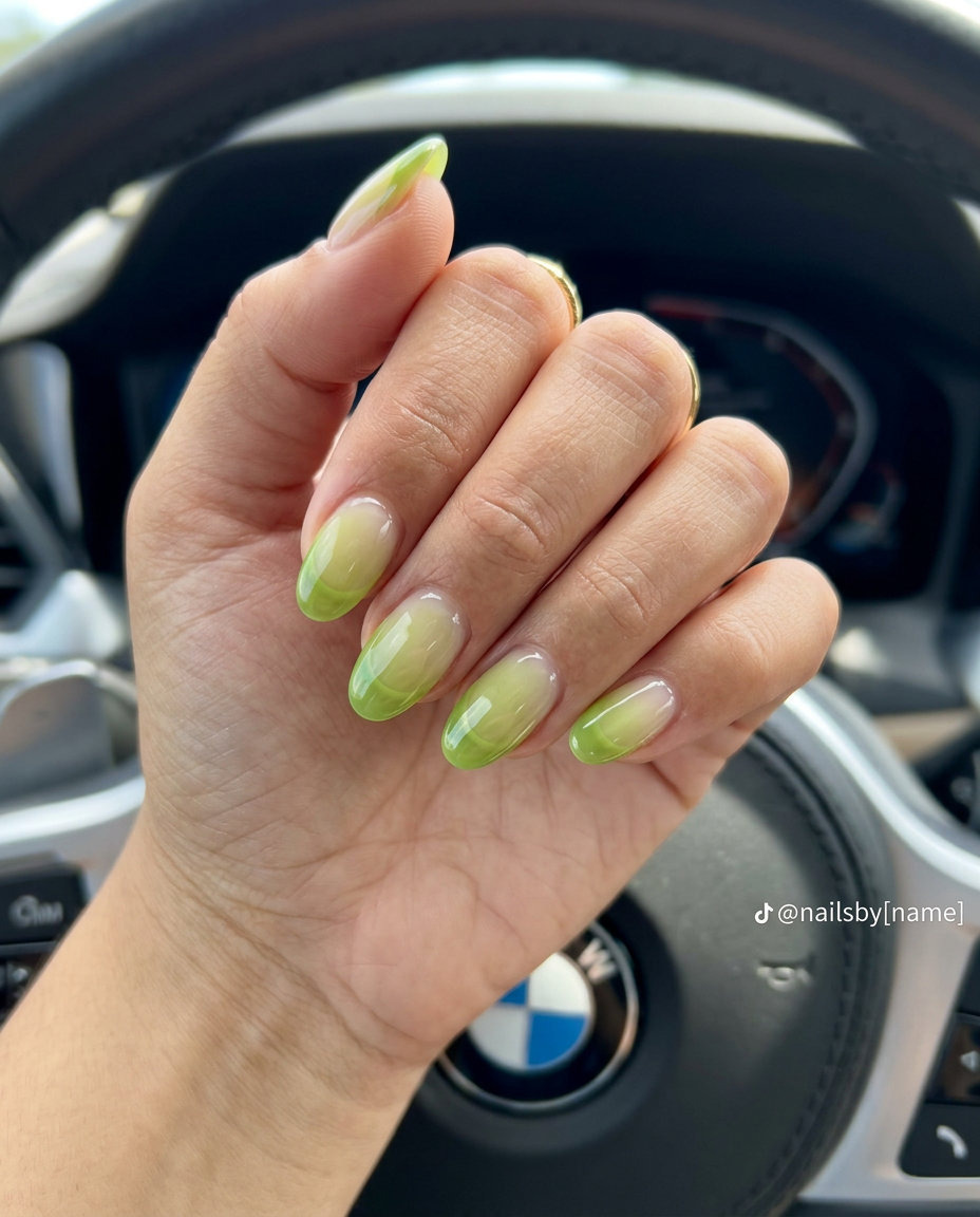 Lime Green Jelly French Tips nails with summer colorful nails designs 2026. Fresh translucent lime green on natural nails for vacation.