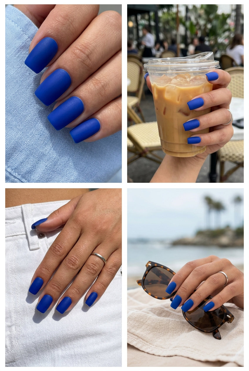 Midnight Sky Matte nails with summer colorful nails designs 2026. Sophisticated deep vivid blue on short square nails for daily wear.